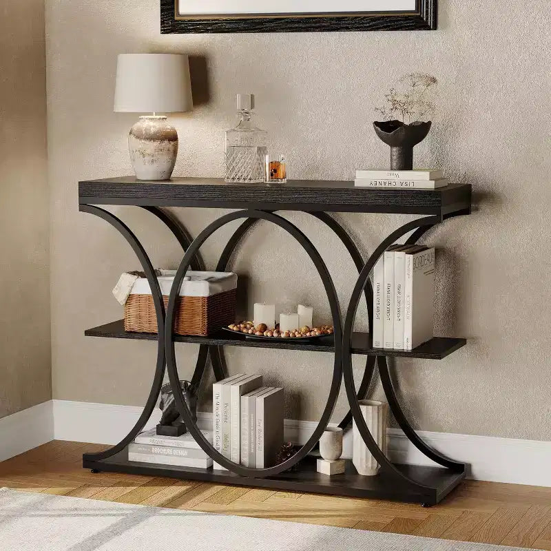 39 Narrow Console Tables for Entryway, Industrial 3-Tier Sofa Table with Round Metal Base and Storage Shelves for Hallway, Foyer