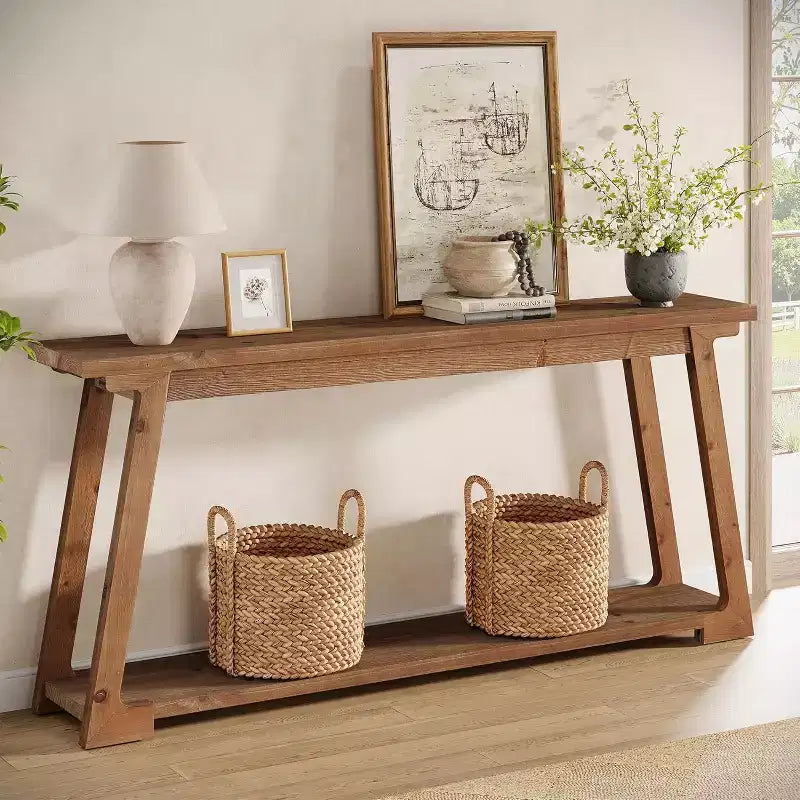 Lantine 63-Inch Solid Wood Console Table, 2-Tier Entryway Table, Narrow Sofa Table Behind Couch for Living Room, Hallway