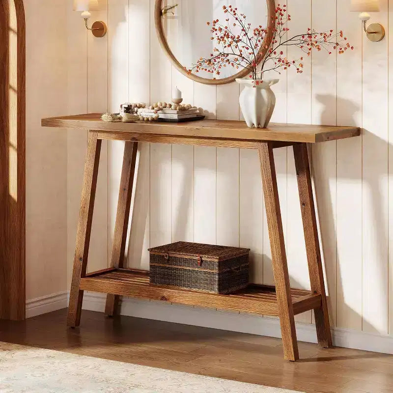 Lantine 2 Tier Solid Wood Console Table, 41.3 Entryway Table with Storage Shelf, Narrow Couch Table Behind Sofa for Hallway, Foyer