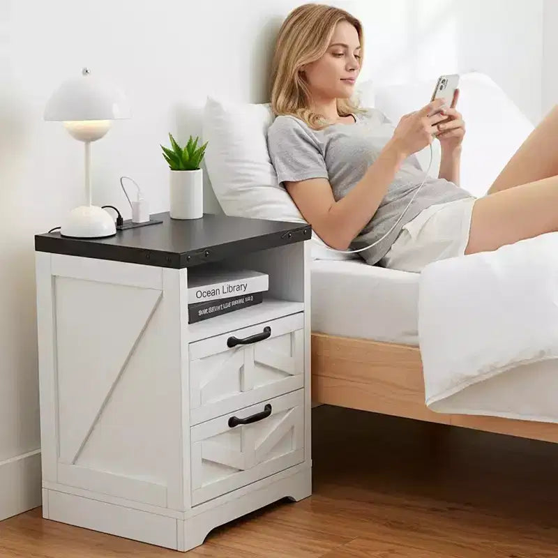 Modern Nightstand with 2 Drawers, 15.8W Wooden Sofa Side Table, Slim End Table with Charging Station, Bedside Table for Living Room Bedroom