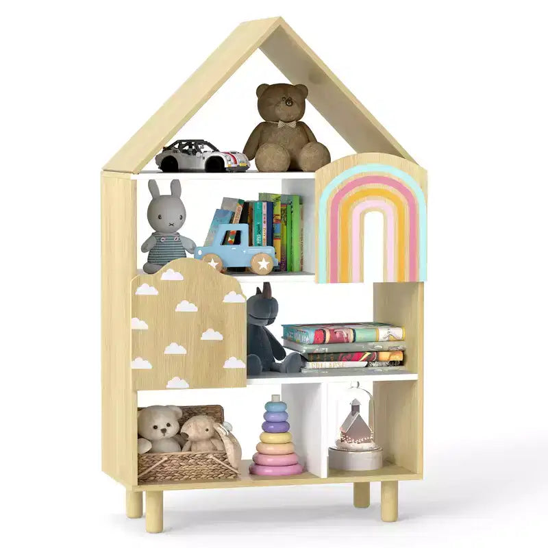 Costway House-Shaped Kids Bookshelf 4-Tier Toy Storage Organizer w/ Open Compartments