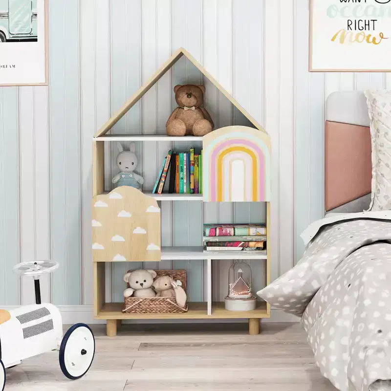 Costway House-Shaped Kids Bookshelf 4-Tier Toy Storage Organizer w/ Open Compartments