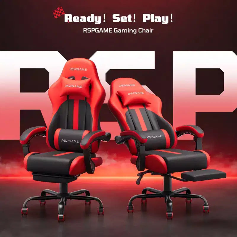 RSPGAME Chaises de jeu ergonomiques basiques pour adultes, chaises de bureau en cuir PU avec support lombaire, coussin à ressorts ensachés et repose-pieds rétractable