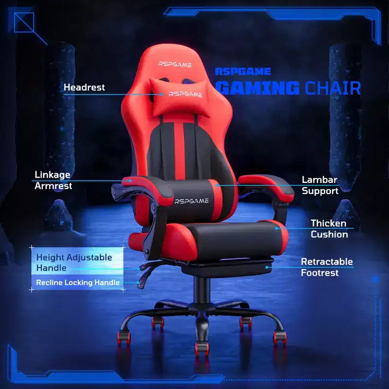 RSPGAME Chaises de jeu ergonomiques basiques pour adultes, chaises de bureau en cuir PU avec support lombaire, coussin à ressorts ensachés et repose-pieds rétractable