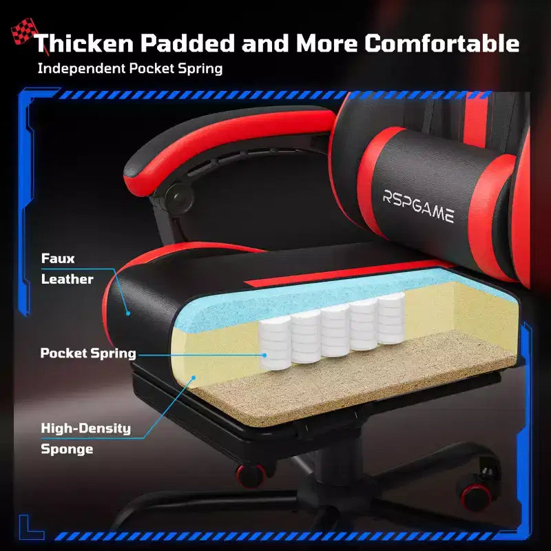 RSPGAME Chaises de jeu ergonomiques basiques pour adultes, chaises de bureau en cuir PU avec support lombaire, coussin à ressorts ensachés et repose-pieds rétractable