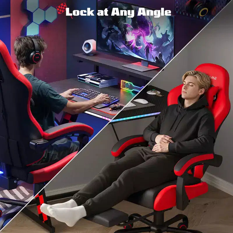 RSPGAME Chaises de jeu ergonomiques basiques pour adultes, chaises de bureau en cuir PU avec support lombaire, coussin à ressorts ensachés et repose-pieds rétractable
