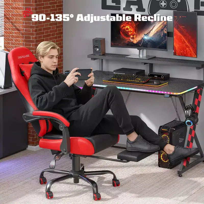 RSPGAME Chaises de jeu ergonomiques basiques pour adultes, chaises de bureau en cuir PU avec support lombaire, coussin à ressorts ensachés et repose-pieds rétractable