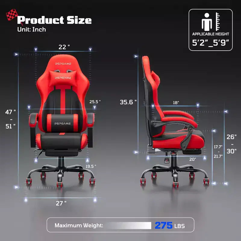 RSPGAME Chaises de jeu ergonomiques basiques pour adultes, chaises de bureau en cuir PU avec support lombaire, coussin à ressorts ensachés et repose-pieds rétractable