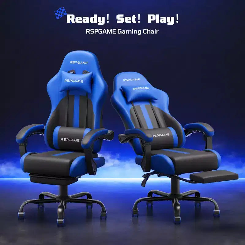 RSPGAME Chaises de jeu ergonomiques basiques pour adultes, chaises de bureau en cuir PU avec support lombaire, coussin à ressorts ensachés et repose-pieds rétractable