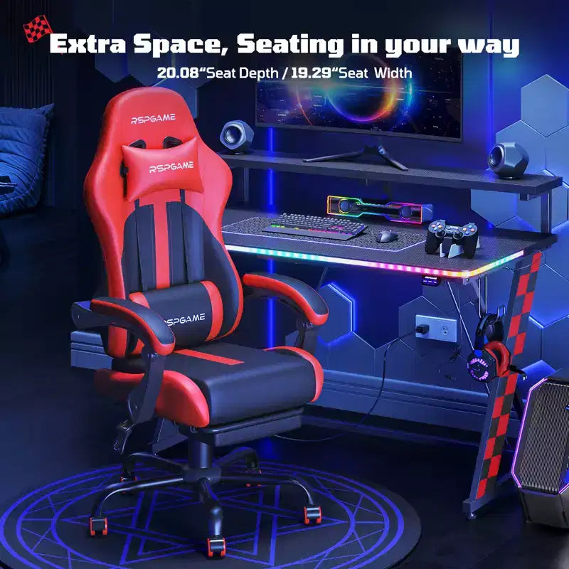 RSPGAME Chaises de jeu ergonomiques basiques pour adultes, chaises de bureau en cuir PU avec support lombaire, coussin à ressorts ensachés et repose-pieds rétractable