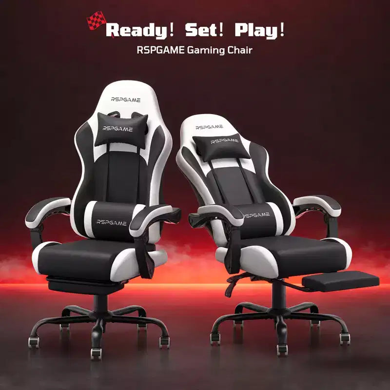 RSPGAME Chaises de jeu ergonomiques basiques pour adultes, chaises de bureau en cuir PU avec support lombaire, coussin à ressorts ensachés et repose-pieds rétractable