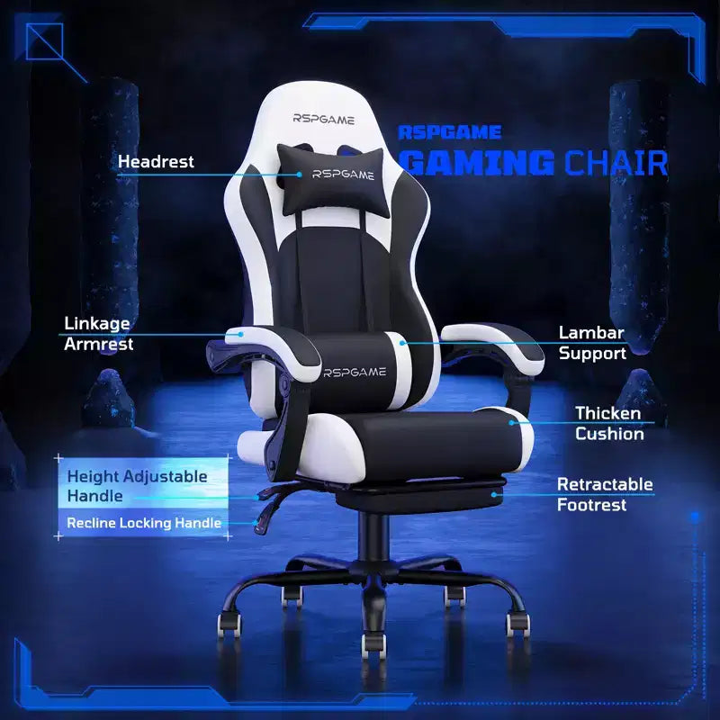 RSPGAME Chaises de jeu ergonomiques basiques pour adultes, chaises de bureau en cuir PU avec support lombaire, coussin à ressorts ensachés et repose-pieds rétractable