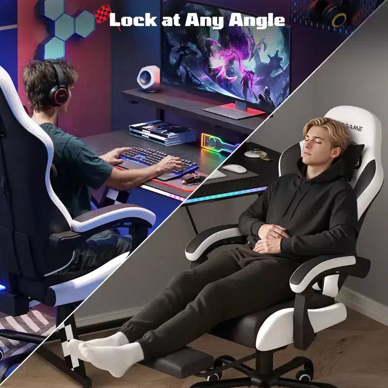 RSPGAME Chaises de jeu ergonomiques basiques pour adultes, chaises de bureau en cuir PU avec support lombaire, coussin à ressorts ensachés et repose-pieds rétractable