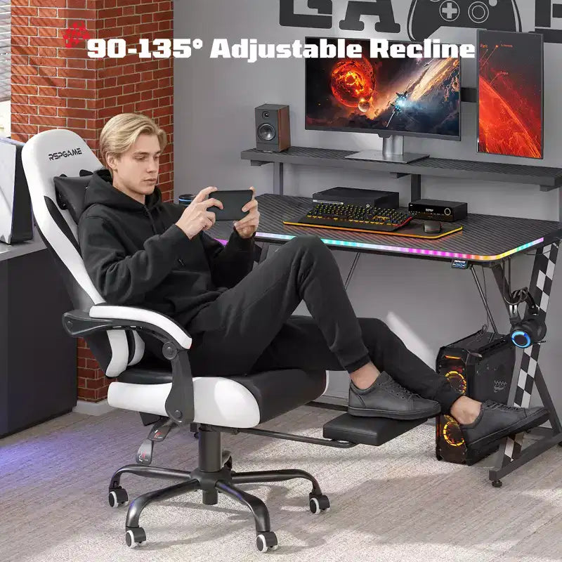 RSPGAME Chaises de jeu ergonomiques basiques pour adultes, chaises de bureau en cuir PU avec support lombaire, coussin à ressorts ensachés et repose-pieds rétractable