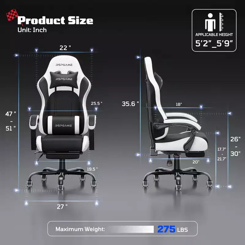 RSPGAME Chaises de jeu ergonomiques basiques pour adultes, chaises de bureau en cuir PU avec support lombaire, coussin à ressorts ensachés et repose-pieds rétractable