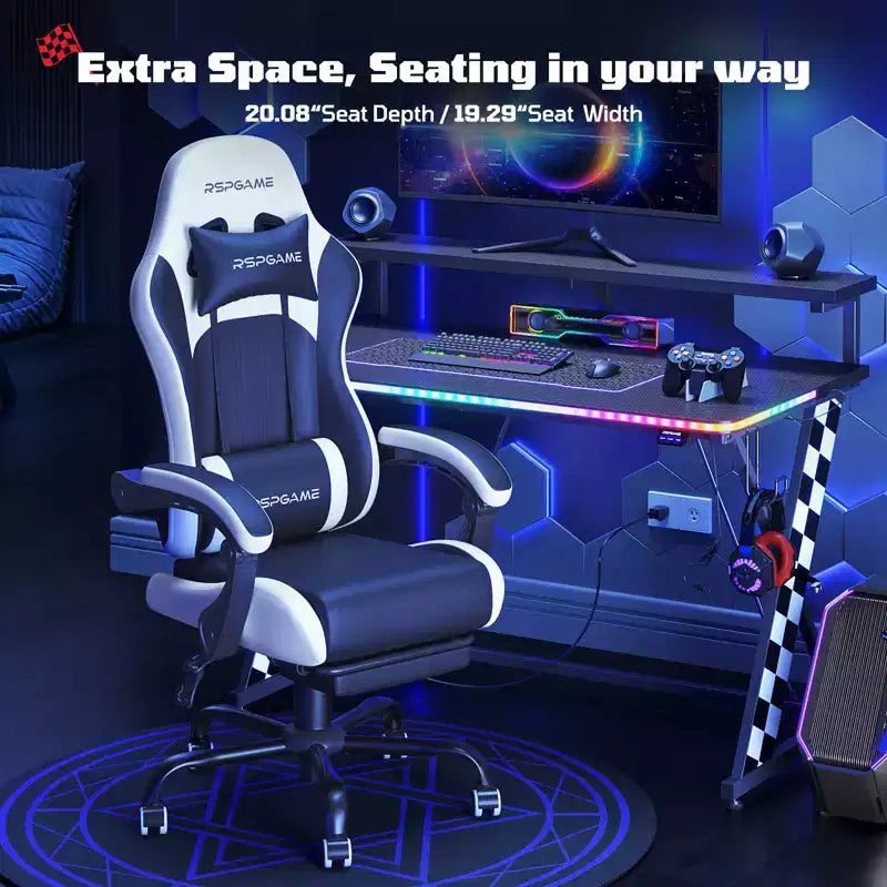 RSPGAME Chaises de jeu ergonomiques basiques pour adultes, chaises de bureau en cuir PU avec support lombaire, coussin à ressorts ensachés et repose-pieds rétractable