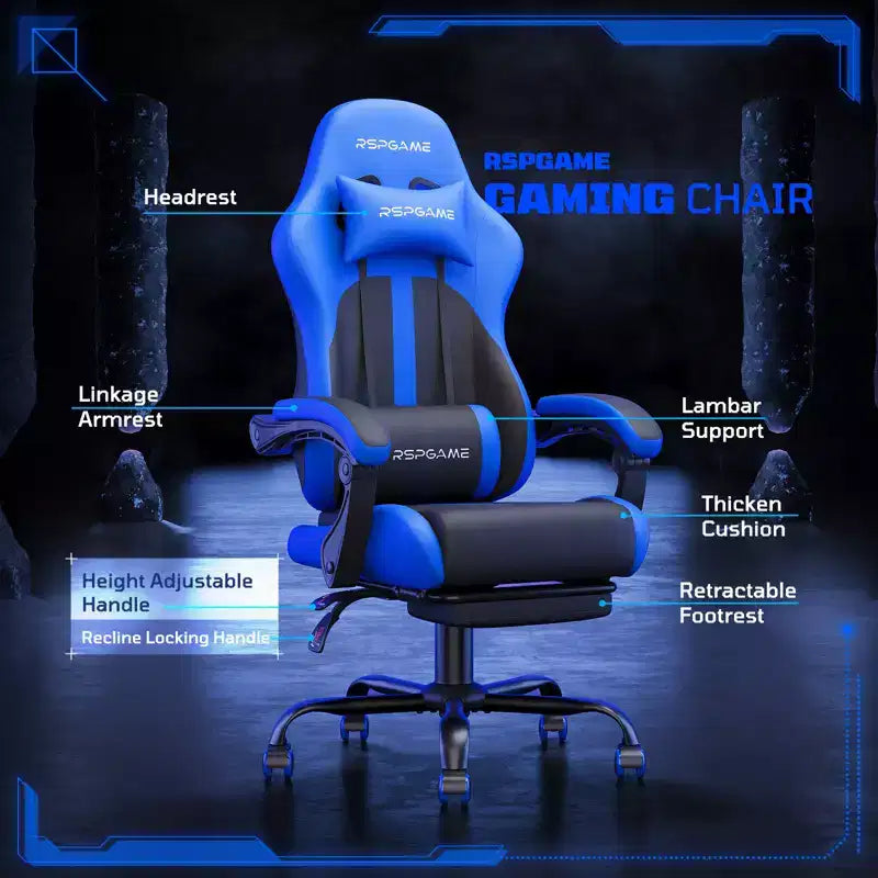 RSPGAME Chaises de jeu ergonomiques basiques pour adultes, chaises de bureau en cuir PU avec support lombaire, coussin à ressorts ensachés et repose-pieds rétractable