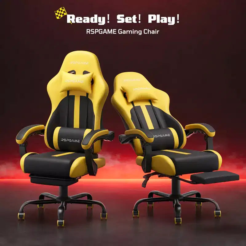 RSPGAME Chaises de jeu ergonomiques basiques pour adultes, chaises de bureau en cuir PU avec support lombaire, coussin à ressorts ensachés et repose-pieds rétractable