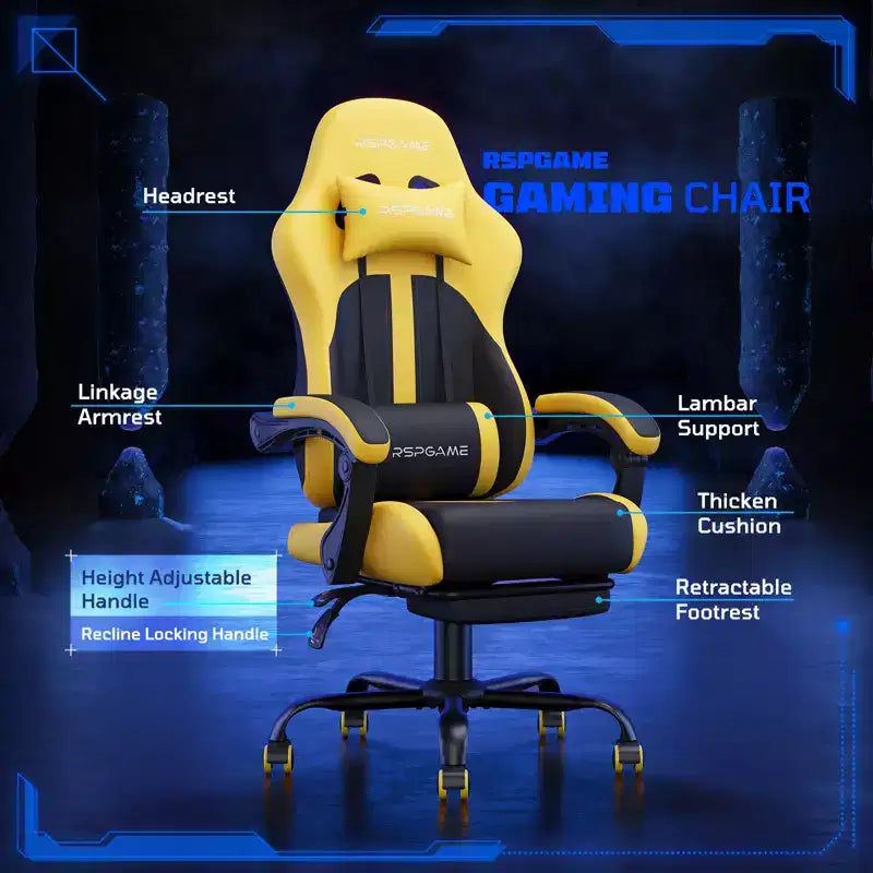RSPGAME Chaises de jeu ergonomiques basiques pour adultes, chaises de bureau en cuir PU avec support lombaire, coussin à ressorts ensachés et repose-pieds rétractable