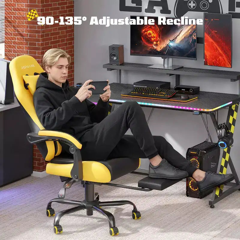 RSPGAME Chaises de jeu ergonomiques basiques pour adultes, chaises de bureau en cuir PU avec support lombaire, coussin à ressorts ensachés et repose-pieds rétractable