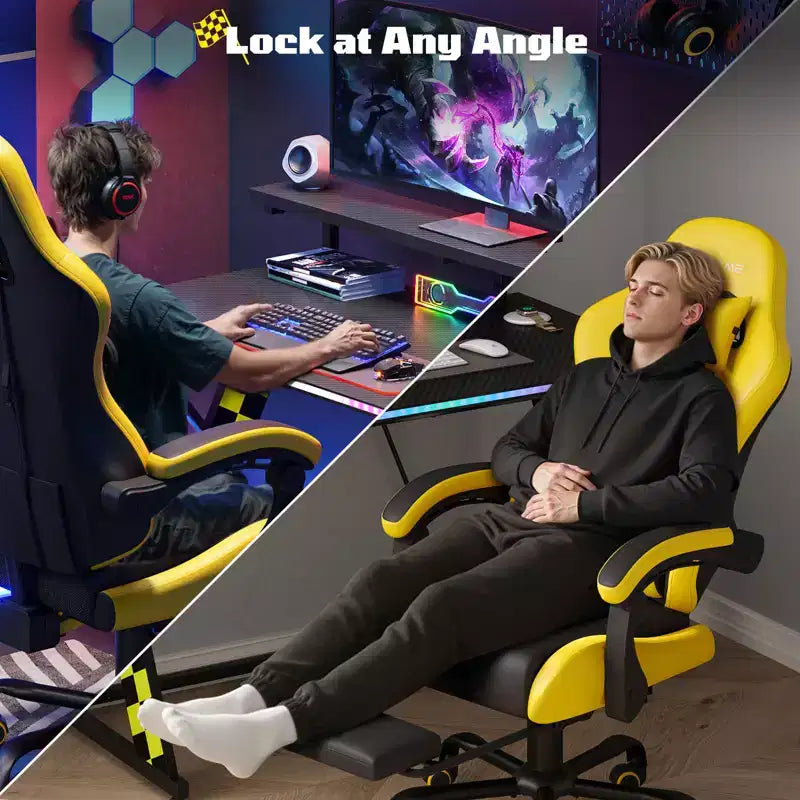 RSPGAME Chaises de jeu ergonomiques basiques pour adultes, chaises de bureau en cuir PU avec support lombaire, coussin à ressorts ensachés et repose-pieds rétractable