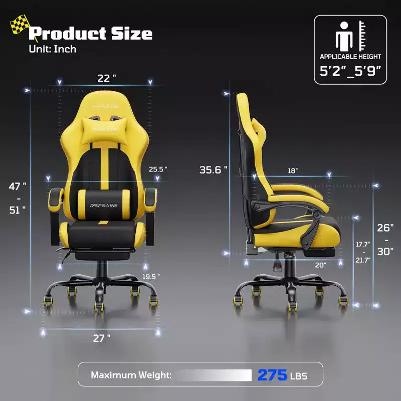 RSPGAME Chaises de jeu ergonomiques basiques pour adultes, chaises de bureau en cuir PU avec support lombaire, coussin à ressorts ensachés et repose-pieds rétractable