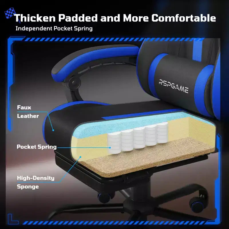 RSPGAME Chaises de jeu ergonomiques basiques pour adultes, chaises de bureau en cuir PU avec support lombaire, coussin à ressorts ensachés et repose-pieds rétractable