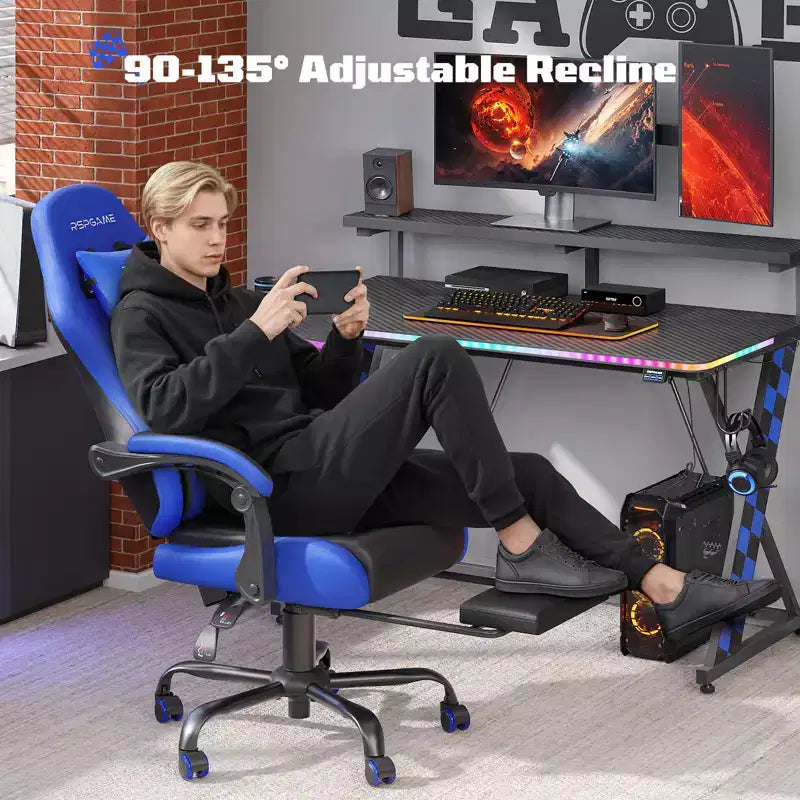 RSPGAME Chaises de jeu ergonomiques basiques pour adultes, chaises de bureau en cuir PU avec support lombaire, coussin à ressorts ensachés et repose-pieds rétractable