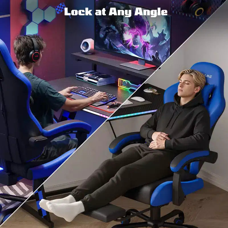 RSPGAME Chaises de jeu ergonomiques basiques pour adultes, chaises de bureau en cuir PU avec support lombaire, coussin à ressorts ensachés et repose-pieds rétractable