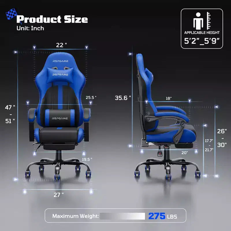 RSPGAME Chaises de jeu ergonomiques basiques pour adultes, chaises de bureau en cuir PU avec support lombaire, coussin à ressorts ensachés et repose-pieds rétractable