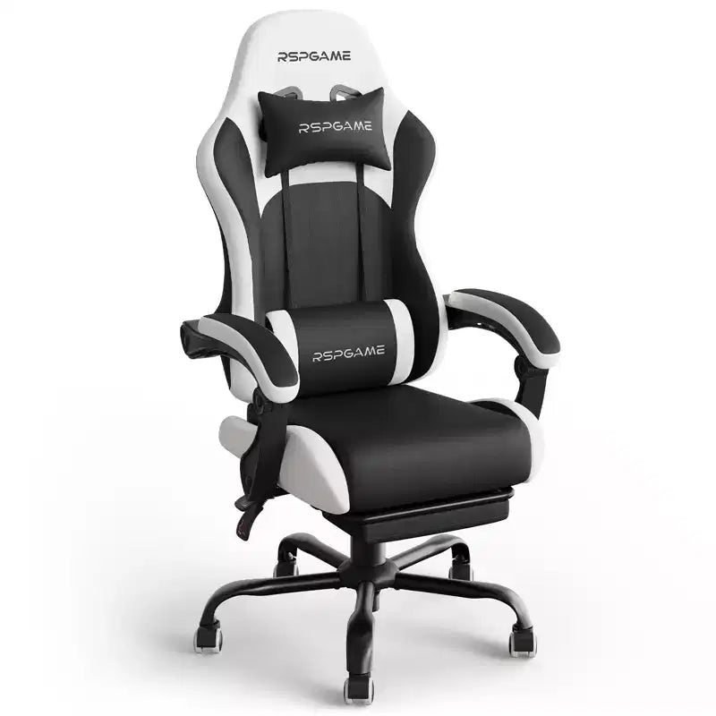RSPGAME Chaises de jeu ergonomiques basiques pour adultes, chaises de bureau en cuir PU avec support lombaire, coussin à ressorts ensachés et repose-pieds rétractable