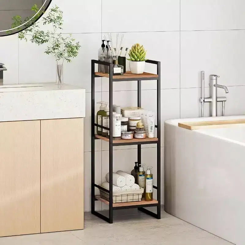 3 Tier Bathroom Storage Open Shelf Freestanding Metal Corner Rack Rustic Brown for Bathroom Kitchen Living Room Hallway