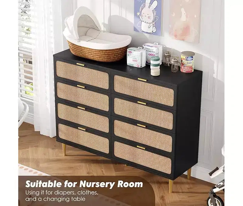 Rattan Dresser with 8 Drawers, Tall Modern Closet with Deep Storage, Large Chest of Drawers with Wide Top, Long Wooden Dresser for Living Room