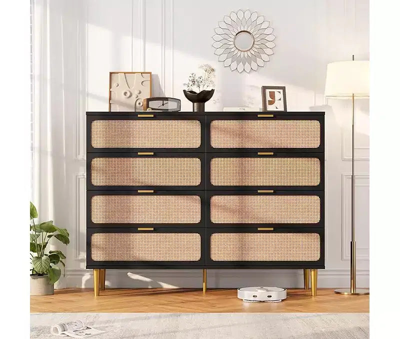 Rattan Dresser with 8 Drawers, Tall Modern Closet with Deep Storage, Large Chest of Drawers with Wide Top, Long Wooden Dresser for Living Room