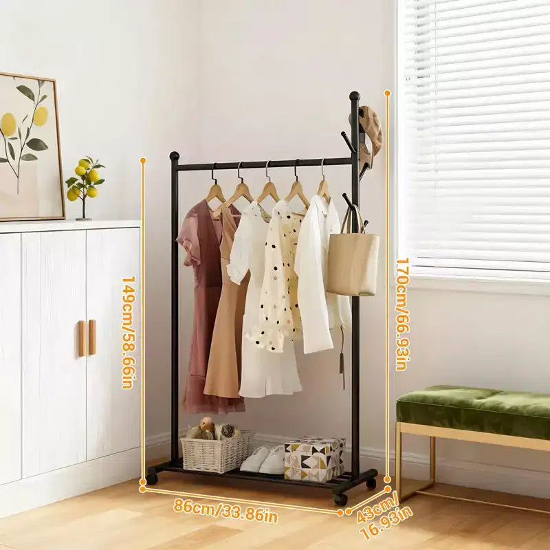 Metal Clothing Rack for Hanging Clothes, Freestanding Garment Rack with Wheels, Rolling Clothing Rack for Hallway Bedroom Living Room