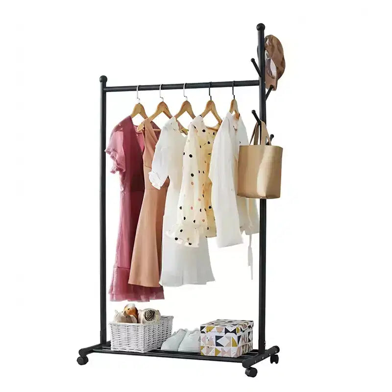 Metal Clothing Rack for Hanging Clothes, Freestanding Garment Rack with Wheels, Rolling Clothing Rack for Hallway Bedroom Living Room
