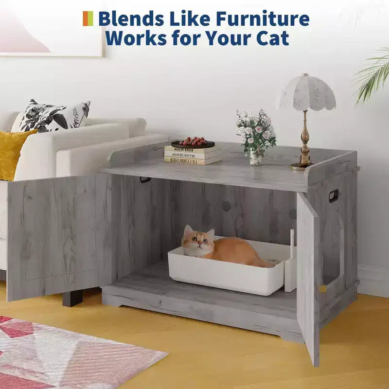Cat Litter Box Furniture, Hidden Litter Box Enclosure 31.5 Inch - Wooden Pet House with Barn Door Ventilated Large Capacity