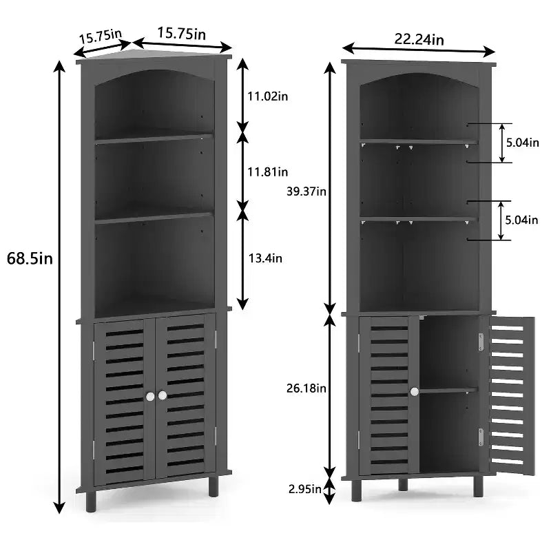 VECELO Space-Saving Triangular Storage Cabinet with Double Doors & Adjustable Shelves, Freestanding Corner Shelf for Bathroom or Living Room