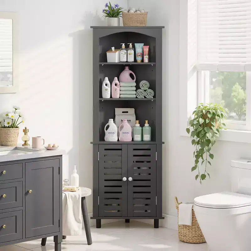 VECELO Space-Saving Triangular Storage Cabinet with Double Doors & Adjustable Shelves, Freestanding Corner Shelf for Bathroom or Living Room