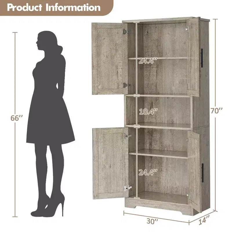 Pantry Cabinet 70 Tall, Kitchen Storage Cabinet with Adjustable Shelves, Freestanding Cupboard for Bathroom, Living Room, Gray