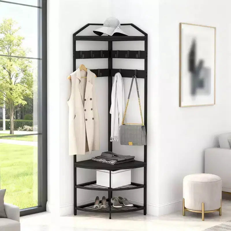 Corner Hall Tree with Shoe Rack, Entryway Coat Rack with Hooks, Freestanding Metal Clothes Rack with Storage Shelf for Home Bedroom Living Room