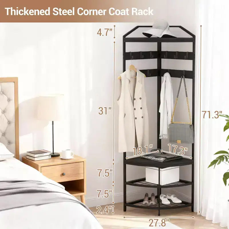 Corner Hall Tree with Shoe Rack, Entryway Coat Rack with Hooks, Freestanding Metal Clothes Rack with Storage Shelf for Home Bedroom Living Room