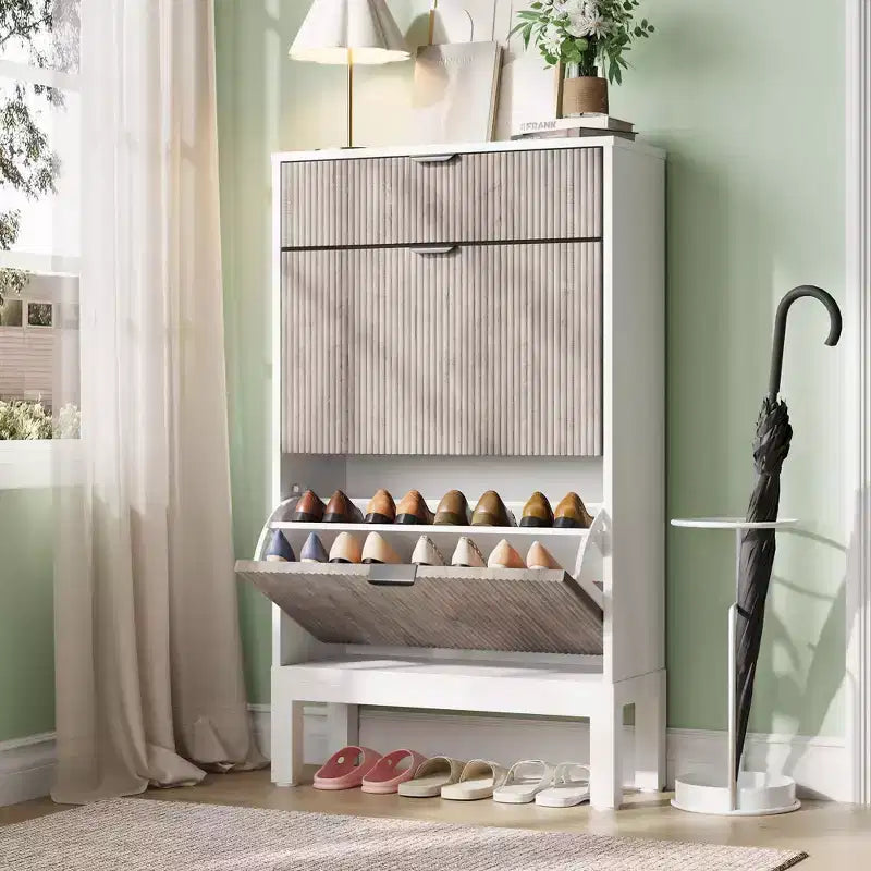 Slim 2-Door Shoe Cabinet with Flip-Down Drawers - Space-Saving Storage Organizer Holds 24 Pairs, Adjustable Shelves for Entryway, Hallway & Closet