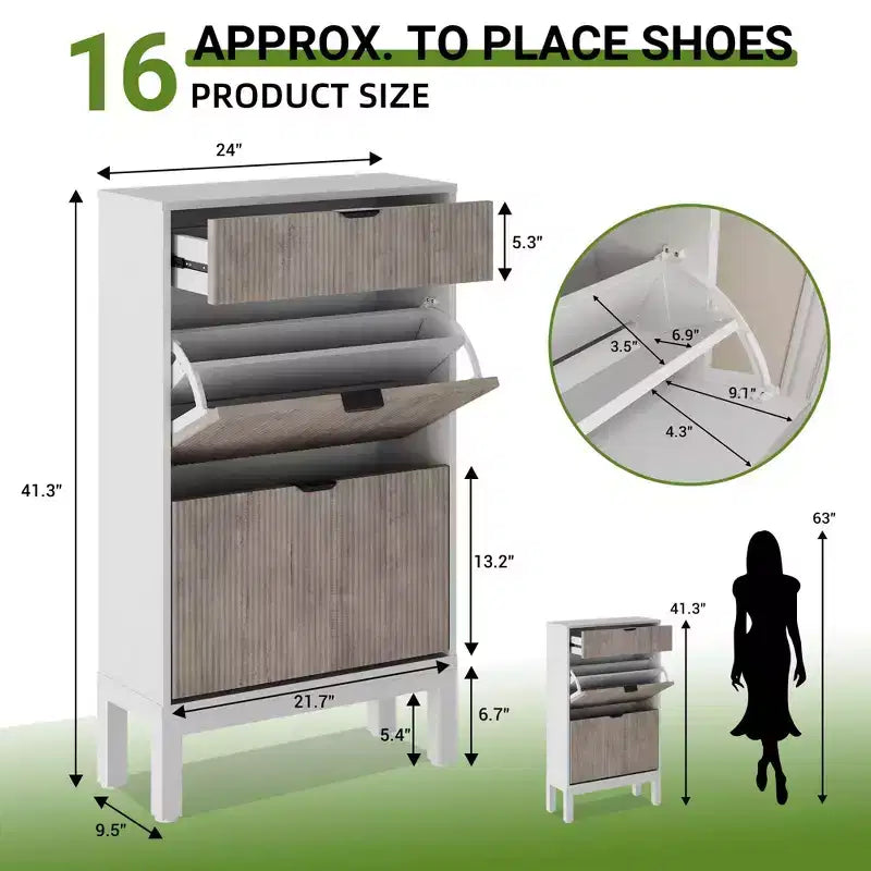 Slim 2-Door Shoe Cabinet with Flip-Down Drawers - Space-Saving Storage Organizer Holds 24 Pairs, Adjustable Shelves for Entryway, Hallway & Closet