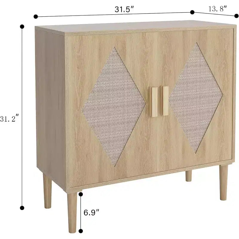 Natural Wood Buffet Cabinet with Rattan Doors & Adjustable Shelves, Freestanding Storage Unit for Living Room, Entryway, and Dining Room Decor