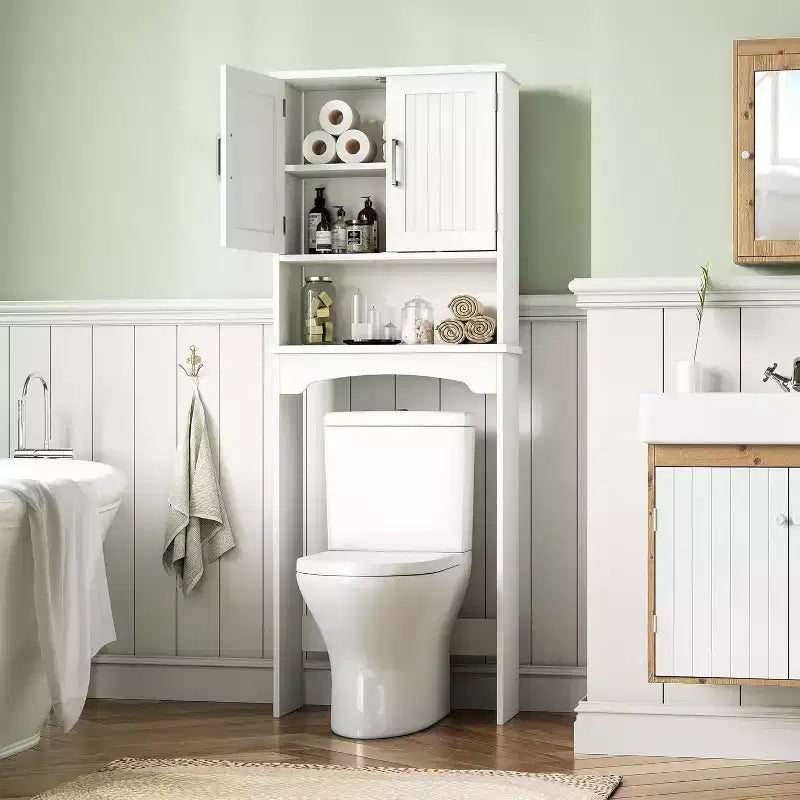 Over The Toilet Storage Cabinet, Freestanding Double Door Bathroom Storage Organizer with Anti-Tip Device White