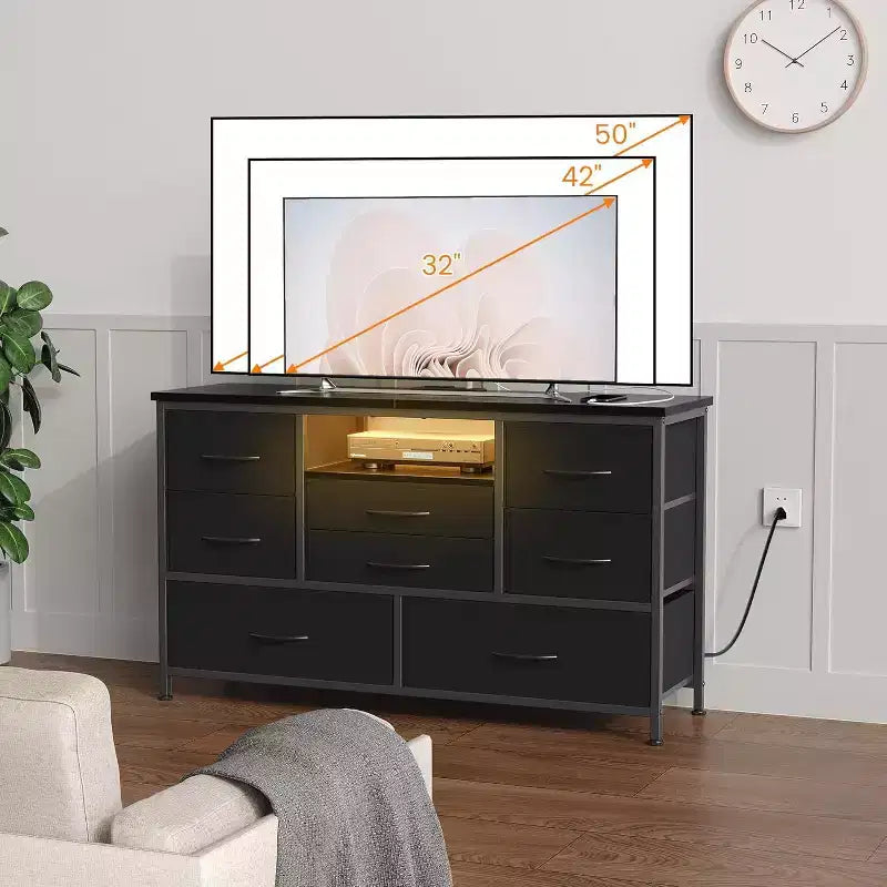 Acekool 8 Drawer TV Cabinet with Socket, TV Console Table Dresser for 55 Inch TV, Adjustable Feet, Storage Organizer