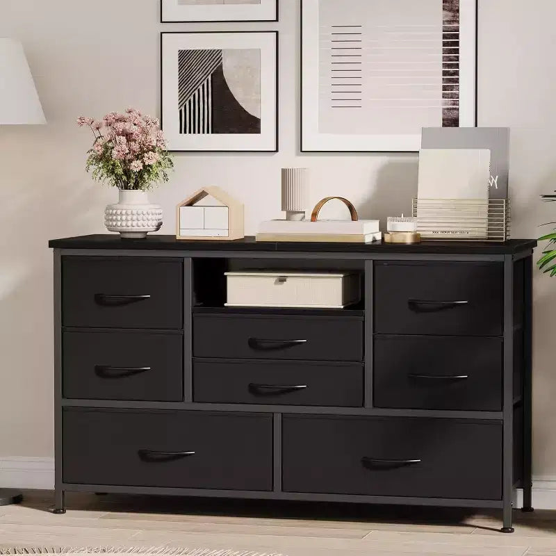 Acekool 8 Drawer TV Cabinet with Socket, TV Console Table Dresser for 55 Inch TV, Adjustable Feet, Storage Organizer