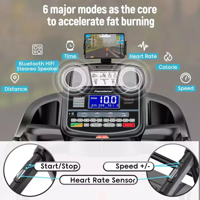 Tapis de course pliable avec inclinaison automatique Moteur 4,8 CV, inclinaison 20 %, moniteur de fréquence cardiaque, haut-parleurs Bluetooth, capacité de 136 kg