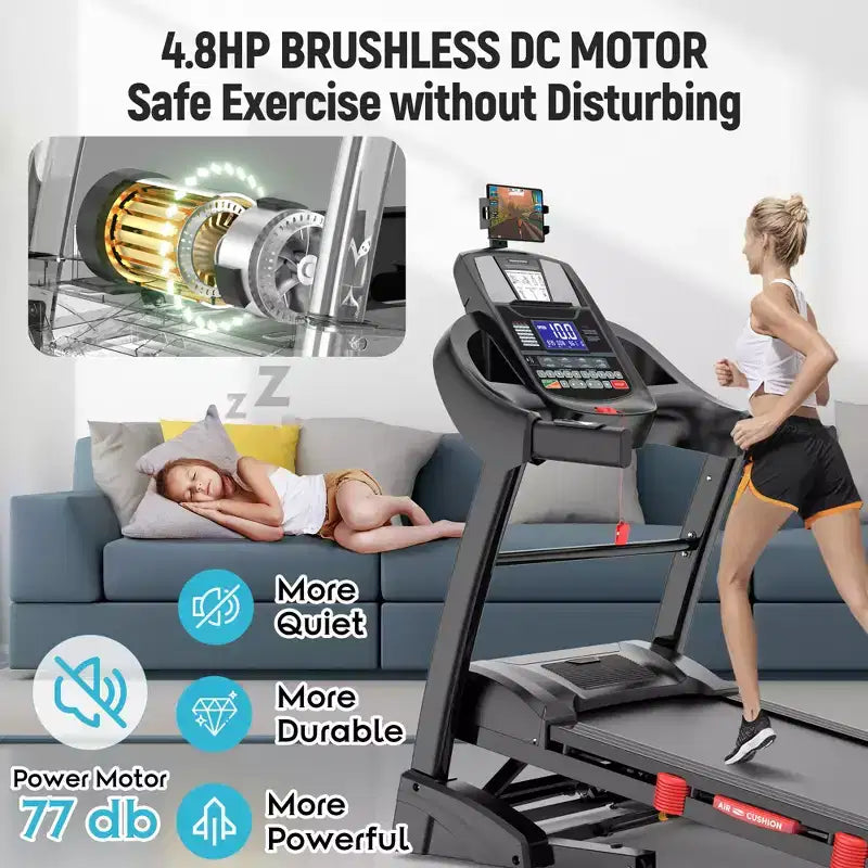 Tapis de course pliable avec inclinaison automatique Moteur 4,8 CV, inclinaison 20 %, moniteur de fréquence cardiaque, haut-parleurs Bluetooth, capacité de 136 kg